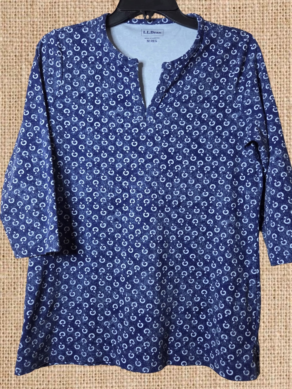 L.L. Bean Navy Blue Patterned Henley Top